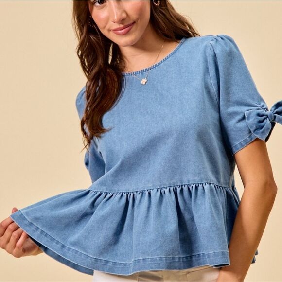 SO ME Denim Bow Cuff Short Puff Sleeves Denim Peplum Top sz Small - Picture 9 of 11